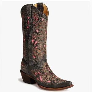 CORRAL Black/Cognac/Pink A1953 Goat Laser Overlay Western Boot 7.5M Distressed